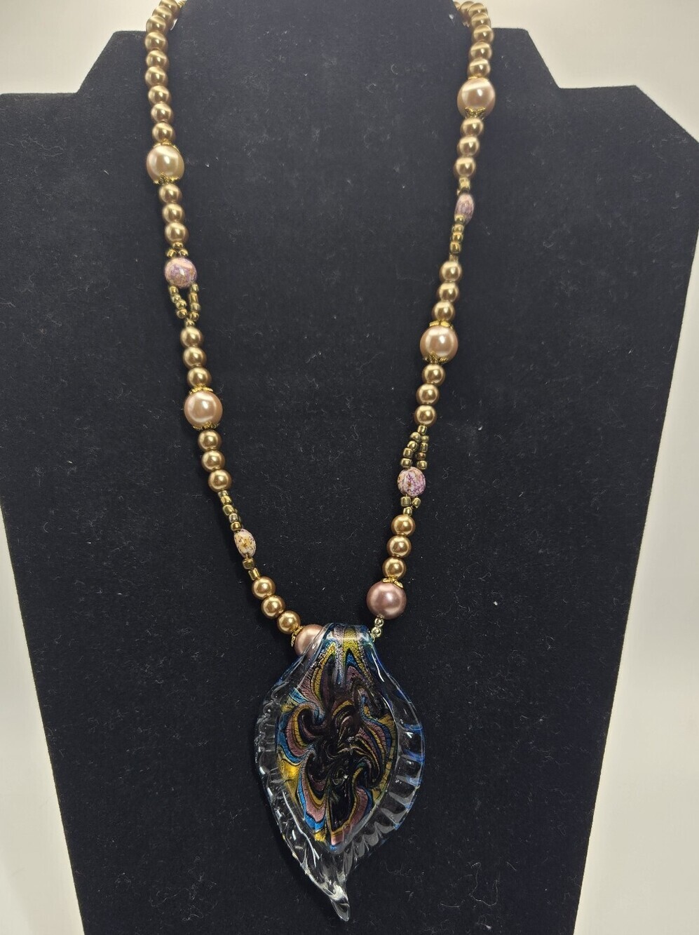 New! Artisan Glass Pendant Necklace Tear-drop Shaped Fused Glass Pendant & Beads - Picture 2 of 9